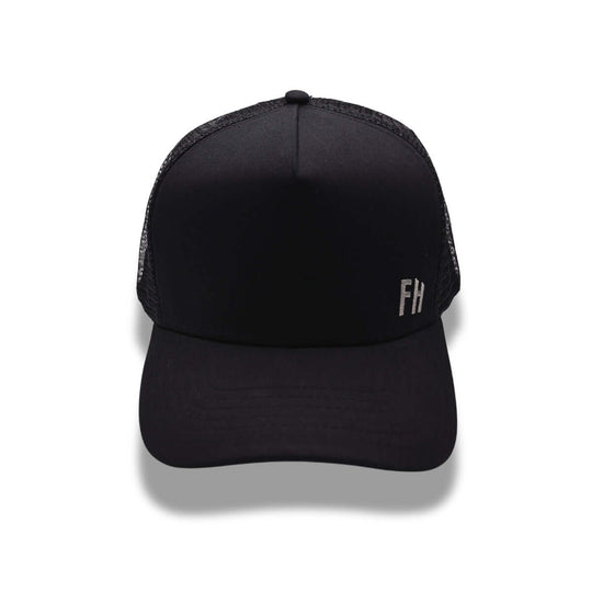 Front photo of the Black XL Trucker Hat for Big Heads by Free Heads.