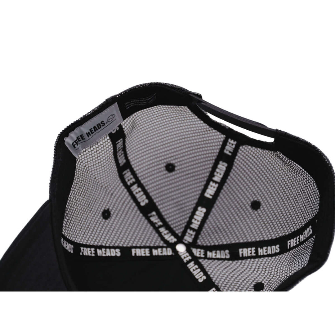 Interior view of the Black XL Trucker Hat for Big Heads by Free Heads.