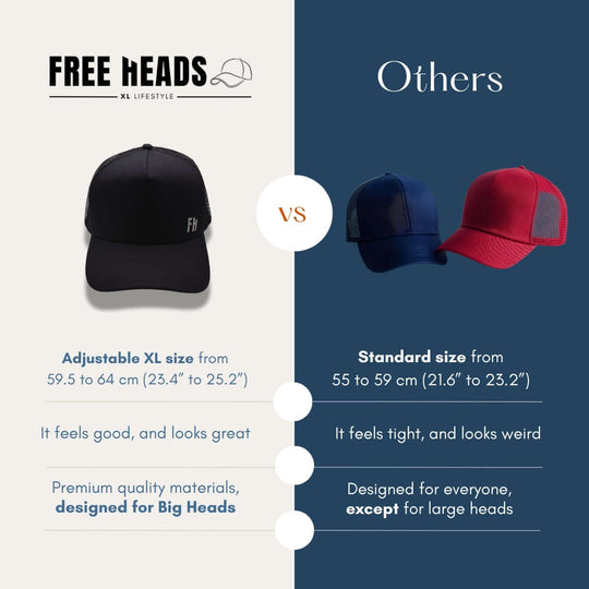 Comparison of the Black XL Trucker Hat for Big Heads by Free Heads with others.