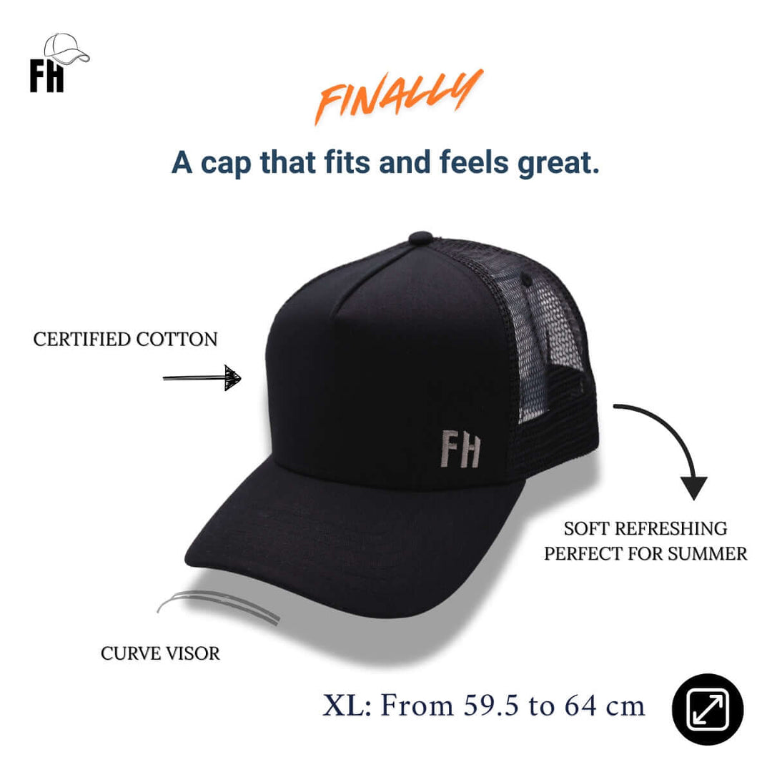 Comparison of the Black XL Trucker Hat for Big Heads by Free Heads.