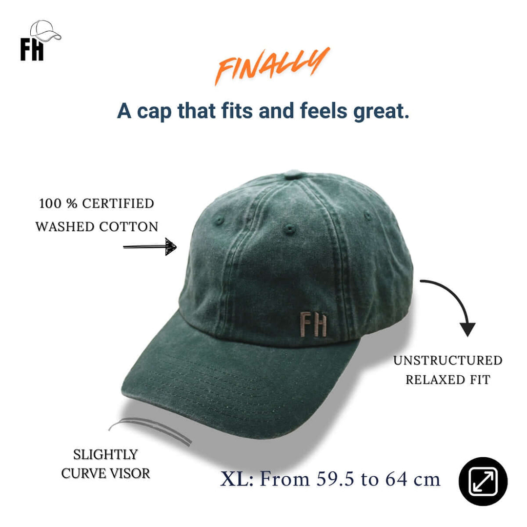 Comparison of the Green Cotton Dad Hat by Free Heads. XL Cap for Large Heads.