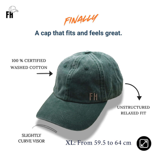 Comparison of the Green Cotton Dad Hat by Free Heads. XL Cap for Large Heads.