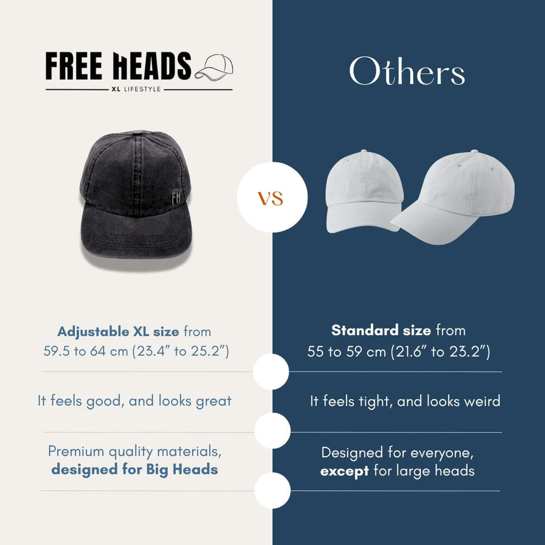 Comparison of the Black Cotton Dad Hat by Free Heads with others. XL Cap for Large Heads.