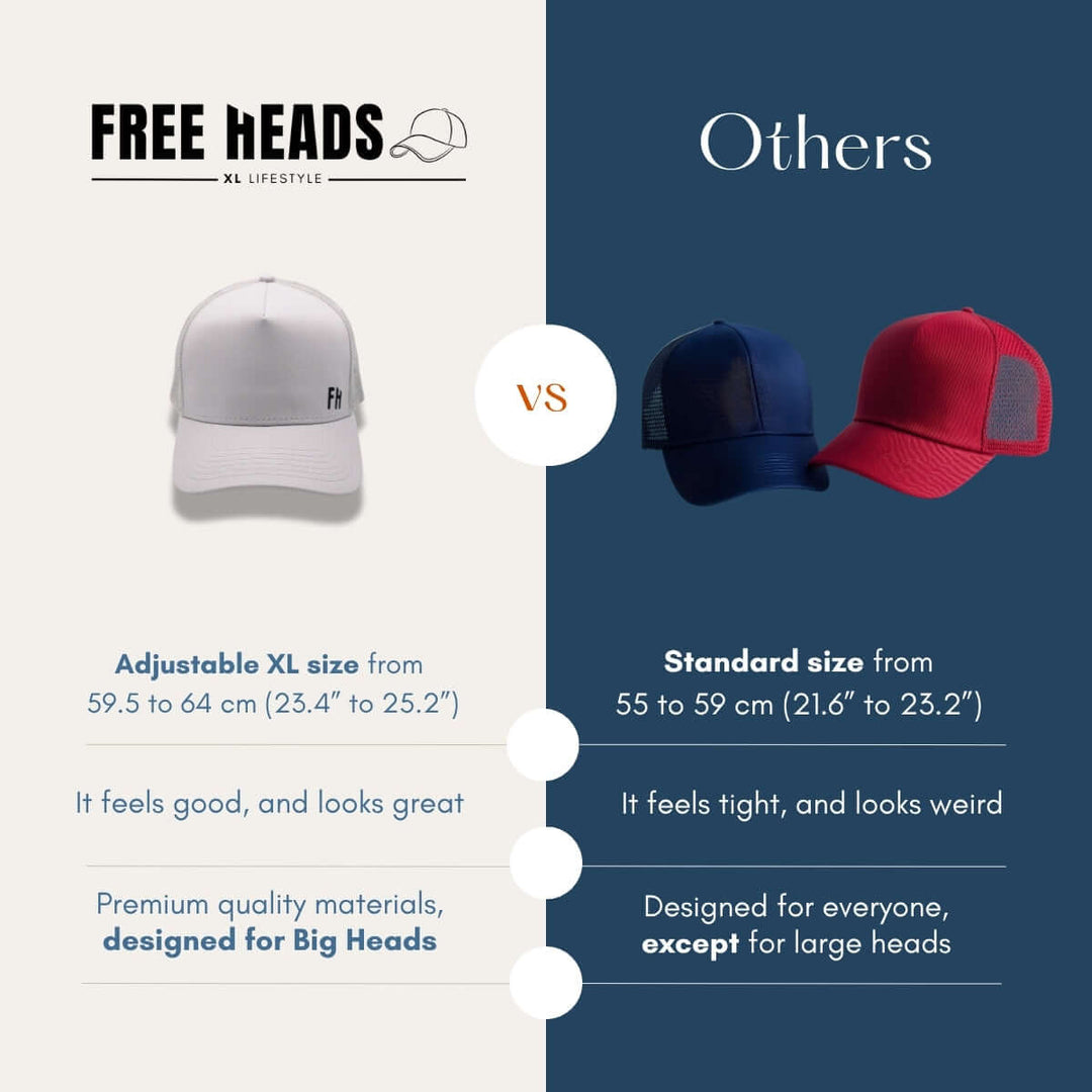 Comparison of the Grey XL Trucker Hat for Big Heads by Free Heads with others.